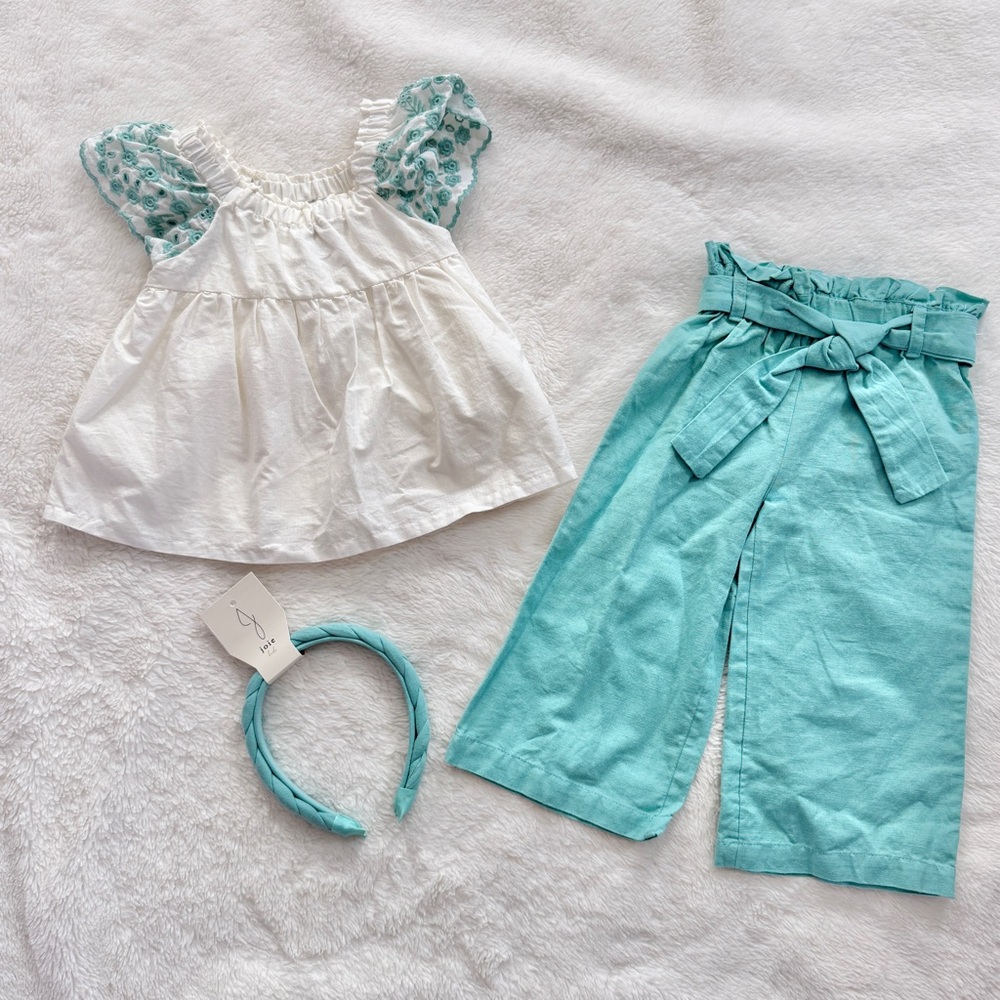 Joie Kids Eyelet Top Wide Leg Linen Pants and Headband Set White Turquoise 2T